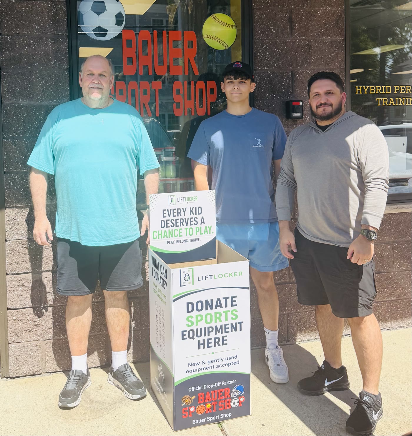 Charlie delivering a LiftLocker sports equipment collection bin to Bauer Sport Shop in Dumont, New Jersey.