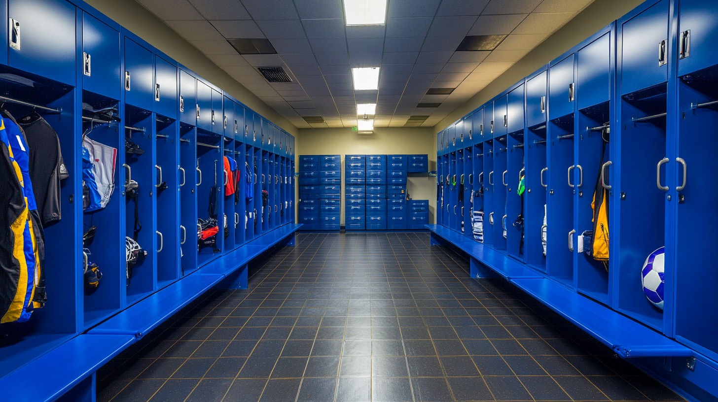 A row of team lockers stocked with sports equipment