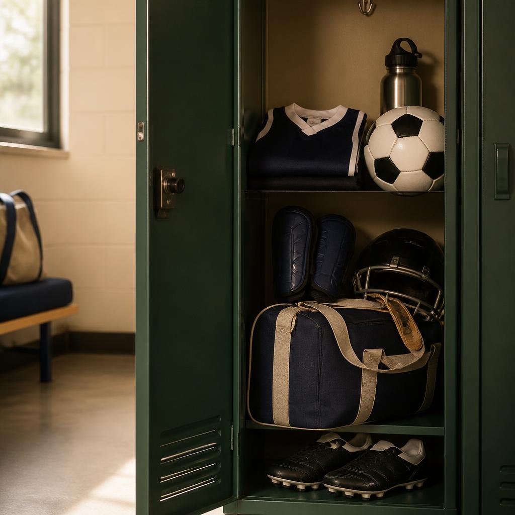 An open school sports locker neatly filled with cleats, a youth uniform, a ball, a water bottle, protective gear, and an equipment bag