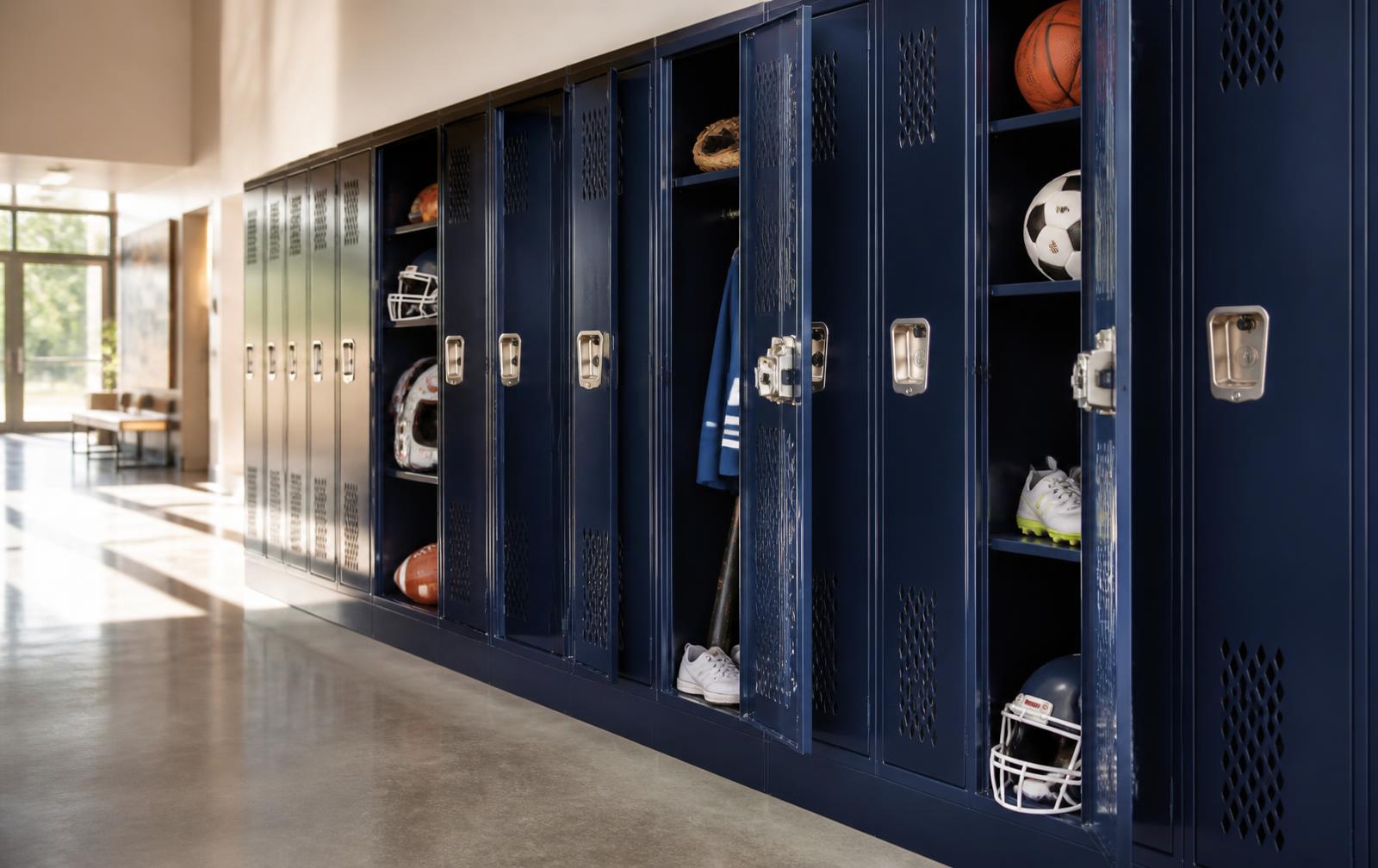 A row of team lockers stocked with sports equipment